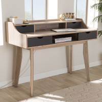 Baxton Studio SESD610-Hana Oak/Dark Grey-Desk Fella Mid-Century Modern 4-Drawer Oak and Grey Wood Study Desk